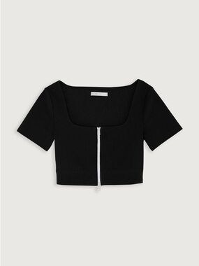 OAK + FORT Navy Square-Neck Zip Crop Top